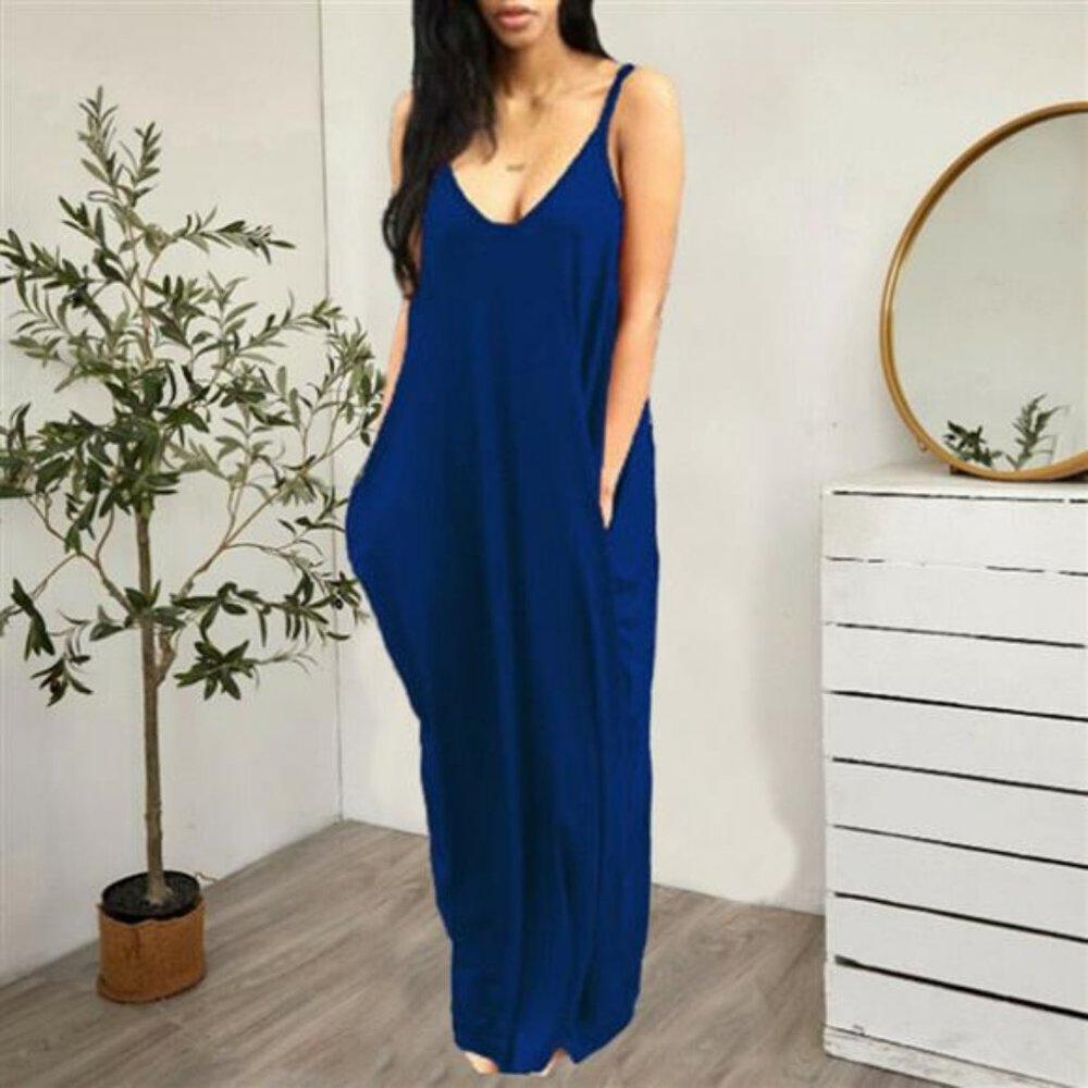Womens Strappy Maxi Dress Ladies Casual with Pocket Sundress